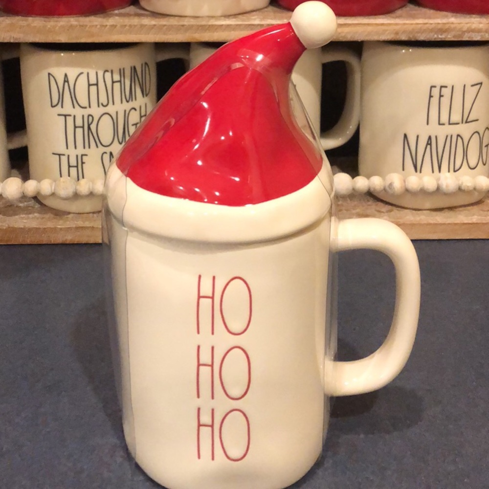 Rae Dunn Ho Ho Ho mug with Santa Topper